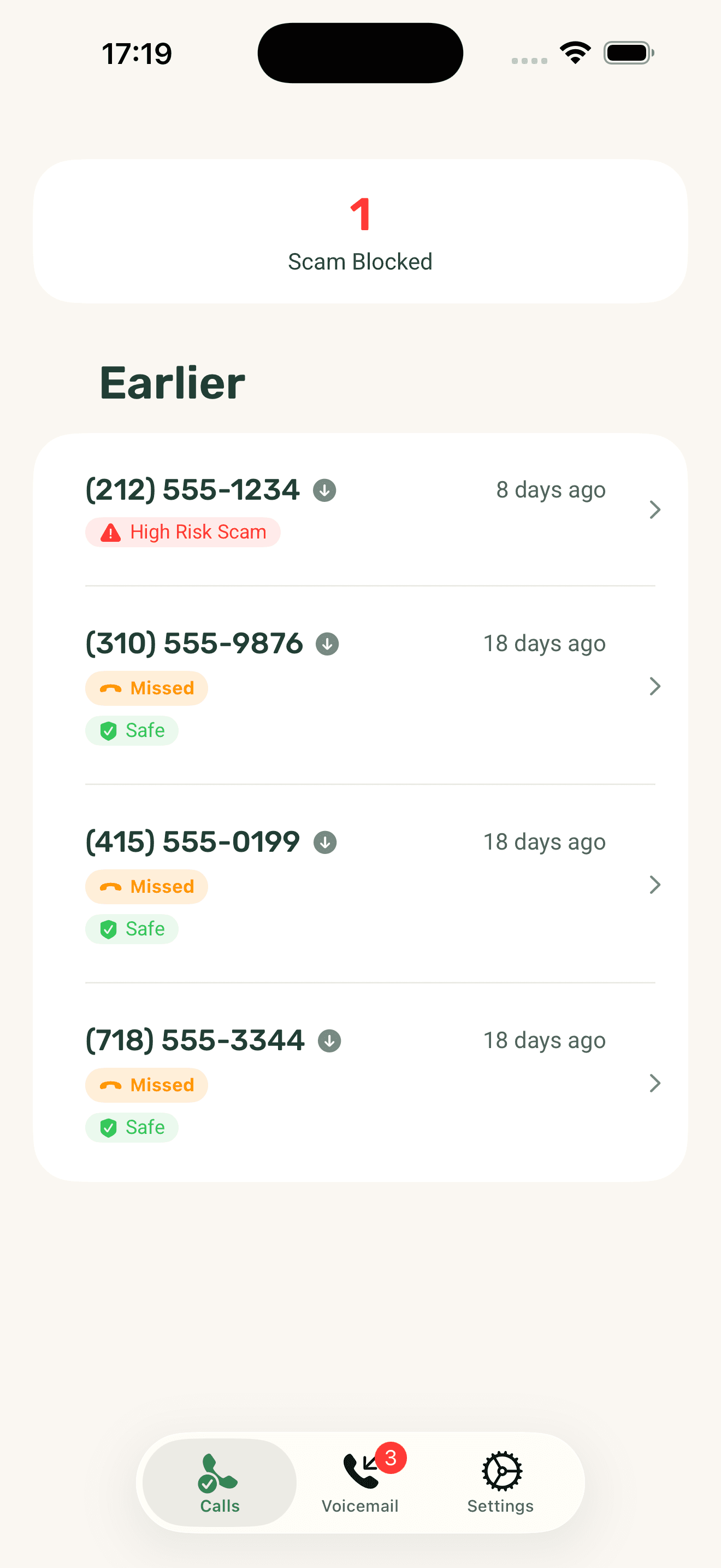 VoxSafe call log showing scam blocked